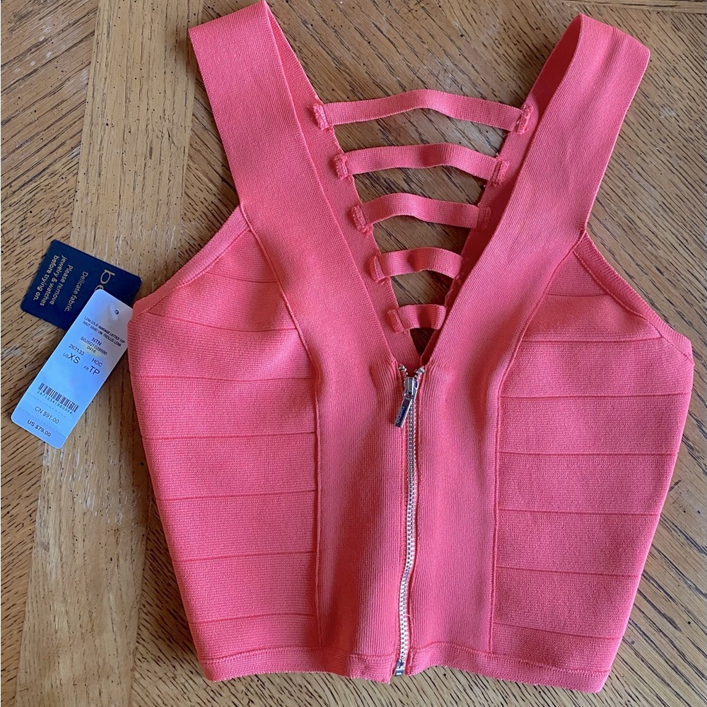 Bebe Lena Bandage Lattice Bandeau Crop Top with Zipper Size XS Bright Orange